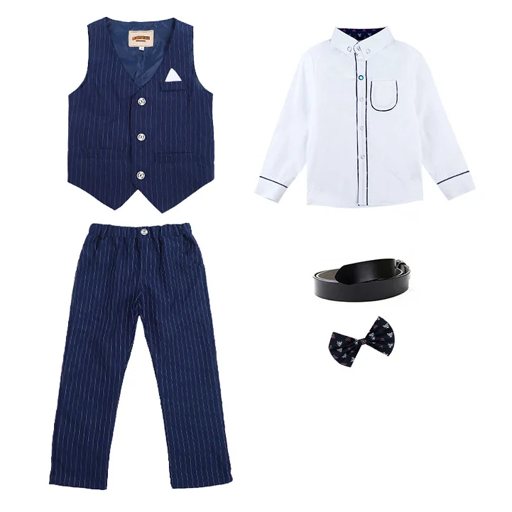 Boy Striped Top Ring Bearer Waistcoat Clothes Sets Kids Formal Suits Child Tie Long Sleeve Shirt Vest Trousers Toddler Outfits