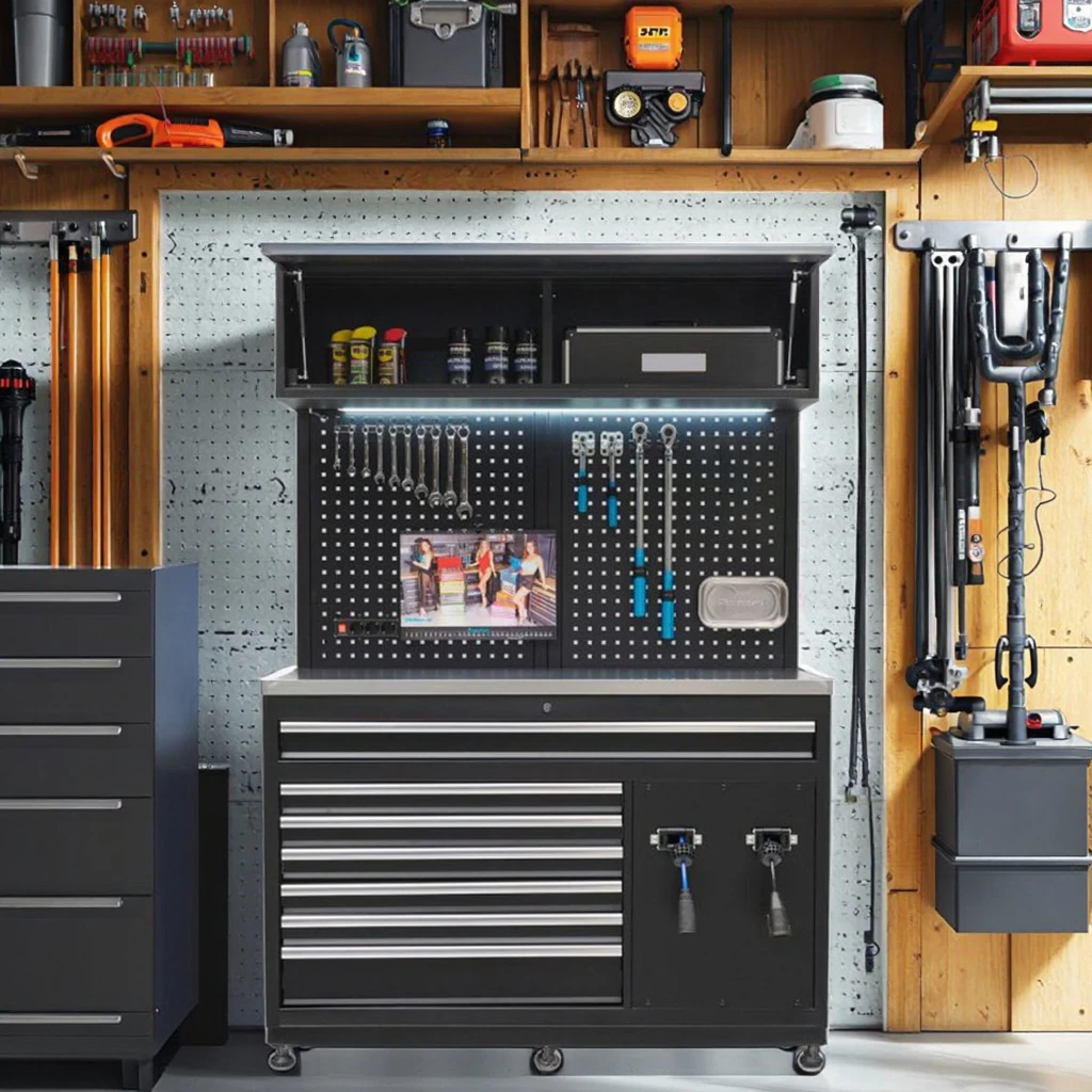 Tool Cabinet With Integrated Stainless Steel Worktop & Side Hooks, Equipped With Anti-Rust Coating