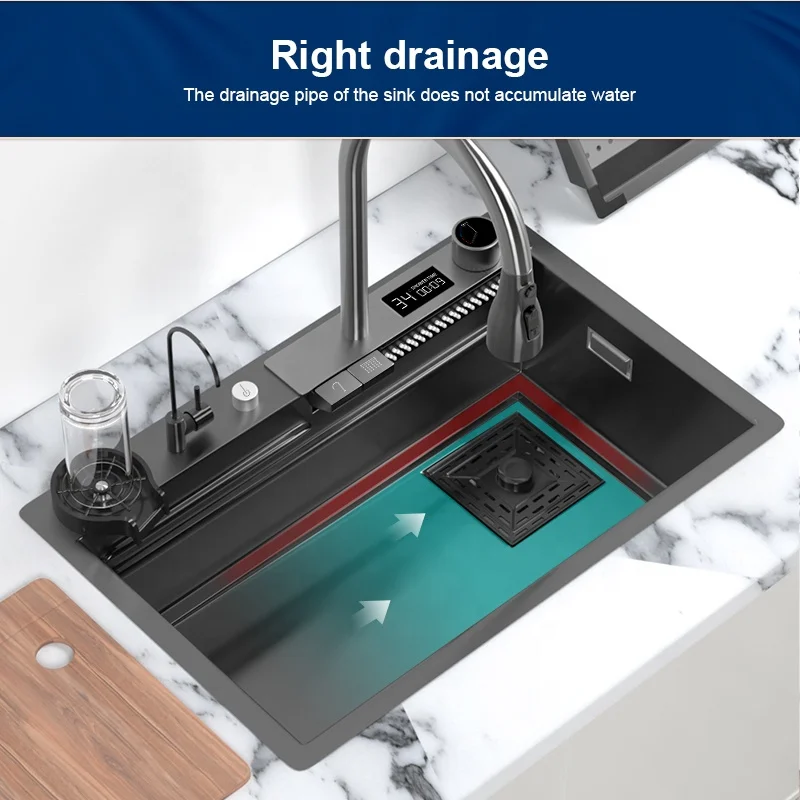 Digital Countertop Luxury High Tech Undermount Black Modern Waterfall Multifunction Smart Stainless Steel Sink thumbnail