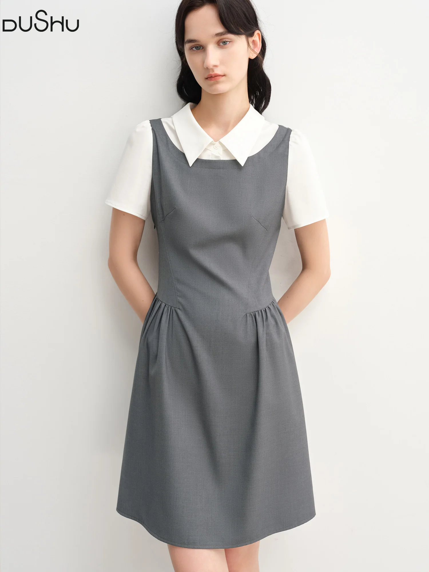 

DUSHU Minimalist Old Money Style College Fake Two-piece Dress For Women 2025 Summer New Arrival Grey Chic Dress 25DS82491