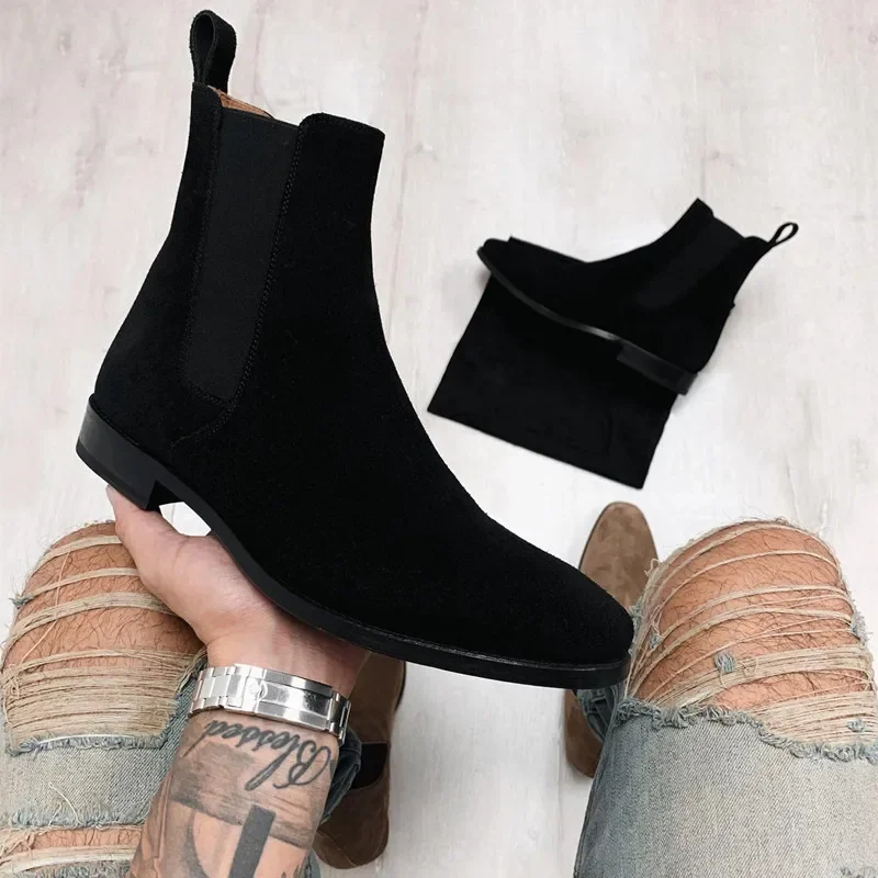 Men Chelsea Boots Black Flock Business Handmade Men Shoes Ankle Slip on Shoes for Men