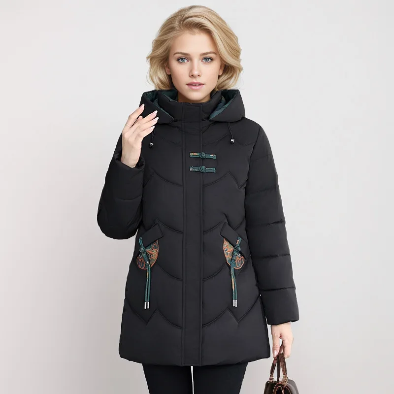 

Женская пуховая куртка в китайском стиле с вышивкой и хлопковой подкладкой, толстое пальто с капюшоном, модное элитное модное пальто