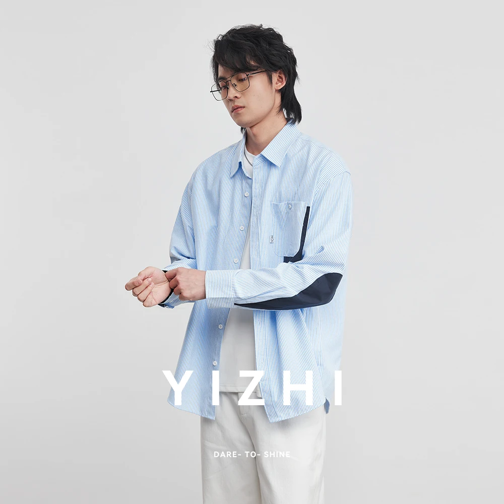 

Fashion Men's Spliced ​​Pocket Oxford Striped Long Sleeve Shirt 2026 Spring New Lapel Loose Shirt Jacket Size M-2XL
