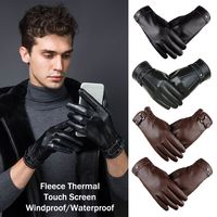 Men's Fleece Thermal Leather Gloves Winter Warm Touch Screen Windproof Waterproof Driving Gloves Full Finger Black Gloves