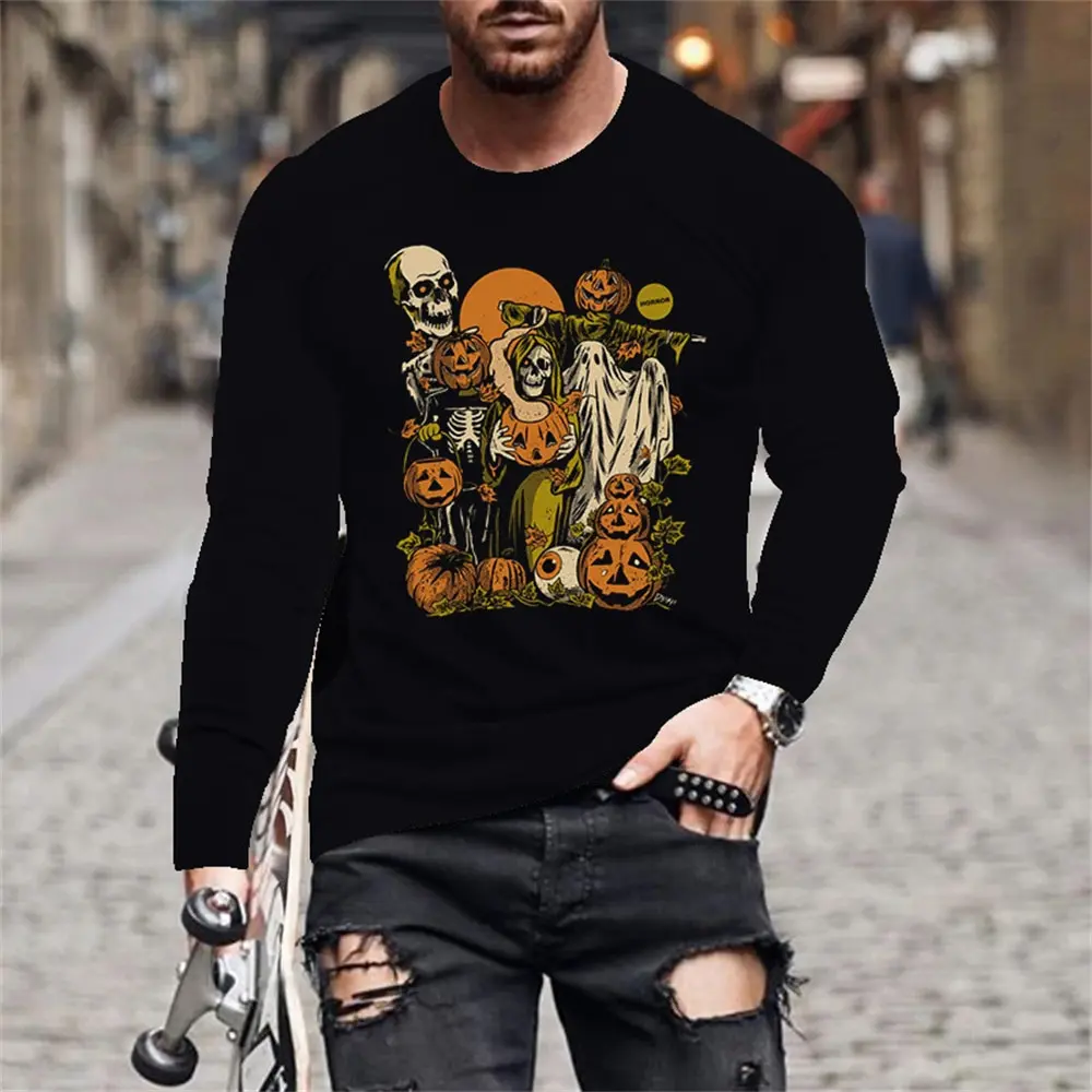 

Halloween Pumpkin Print Men's Long Sleeve T-shirt Casual O-neck Pullover Hip Hop Trend Streetwear Autumn Loose Tops Men Clothing