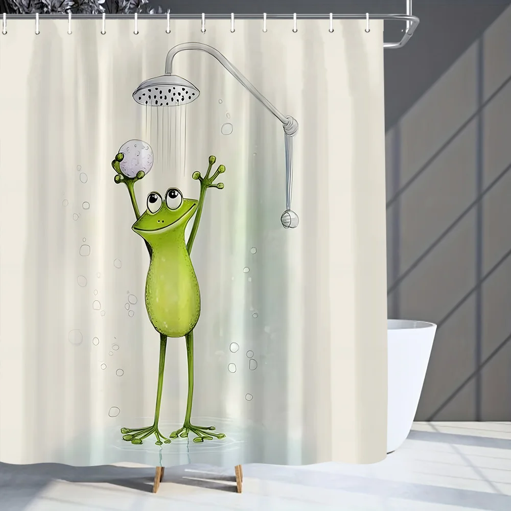 Funny Frog Shower Curtain - Cute Cartoon Amphibian Taking Shower, Humor Animal Art, Bathroom Decor