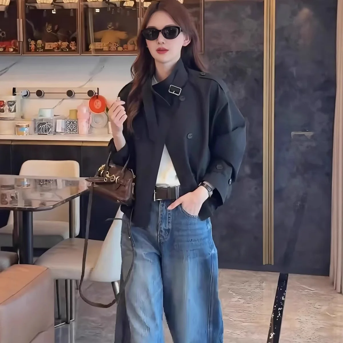 Damska kurtka Briti Sle ort, dwurzędowa, ze stójką, luźna, jesień 2025, casualowa, modna, z włókna poliestrowego, długa.