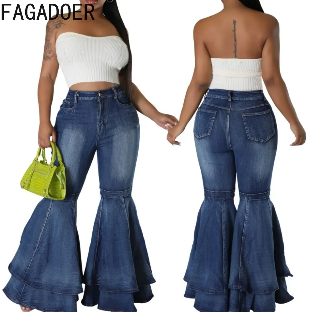 

FAGADOER Fashion Washed Denim Pleated Flare Pants Women High Waisted Button Loose Wide Leg Jeans Trousers Female Cowboy Bottoms