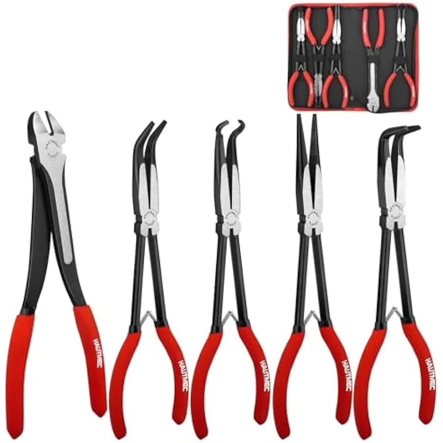 HAUTMEC 11Inch Extra Long Needle Nose Pliers Set 5PCS Heavy Duty Long Reach Pliers Spring Loaded Include Diagonal Cutting Plier