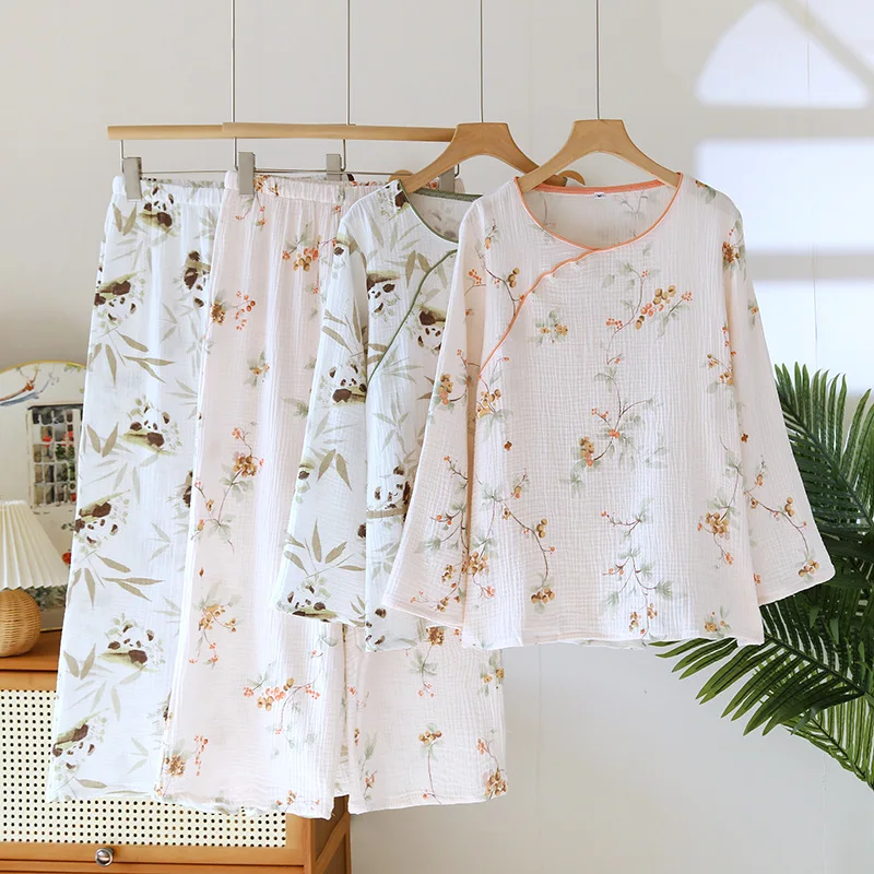 

Cotton Gauze Print Pullover Pants Women Pajamas Autumn Sleepwear Female 2 Piece Set Nightwear Lady Pyjamas Loungewear