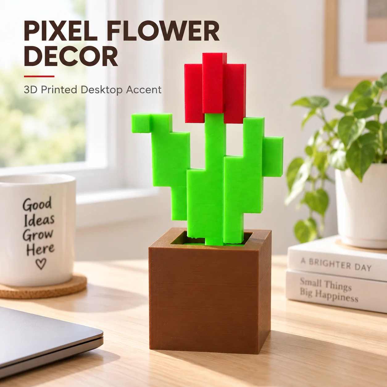 3D Printed Tulip Pixel Flower Ornament Block Style Potted Plant Plastic Desktop Decor for Home Office Bedside Shelf