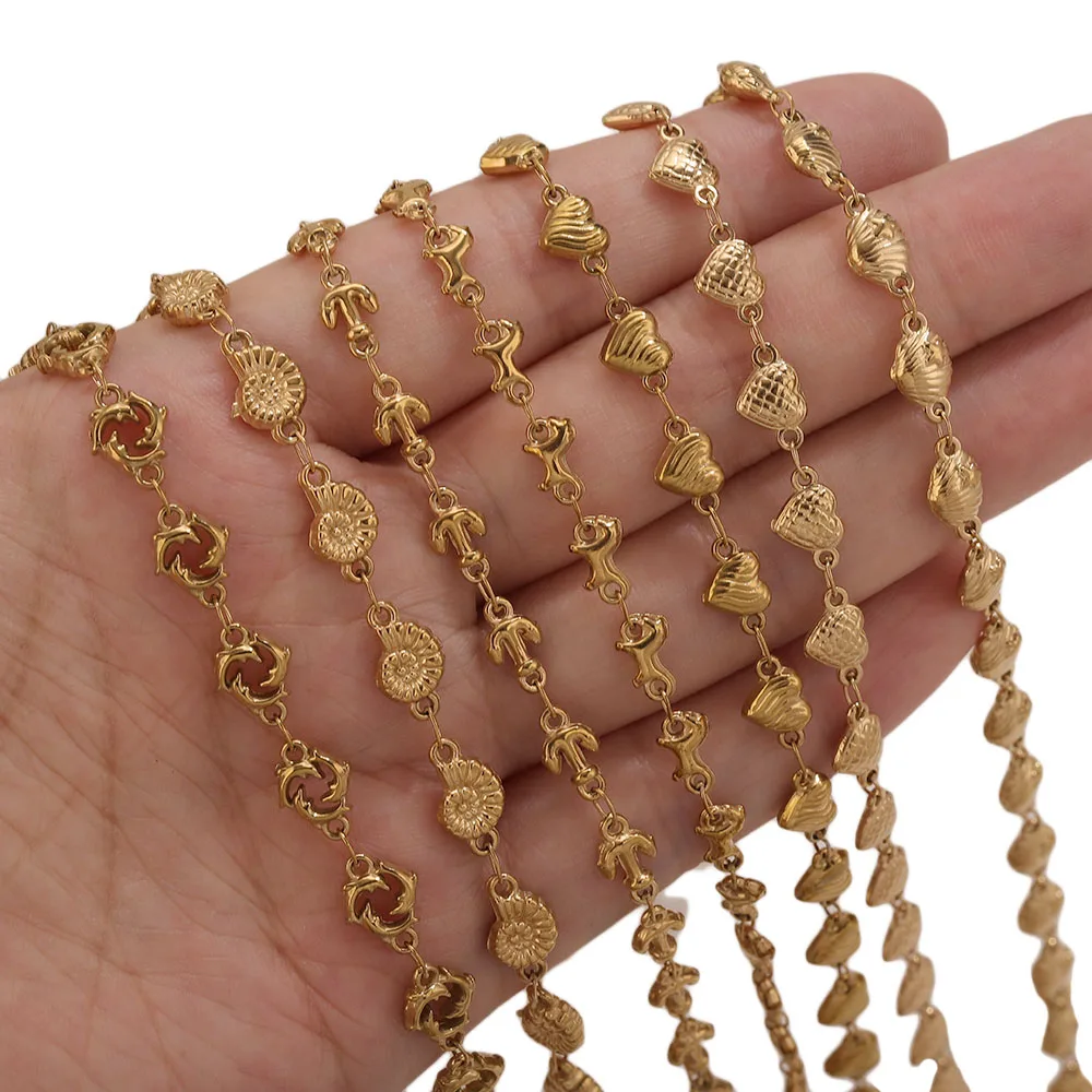 1M PVD Gold Stainless Steel Heart Star Flower Link Cable Chains DIY Jewelry Making Necklace Findings Body Chain Bulk Wholesale view 2