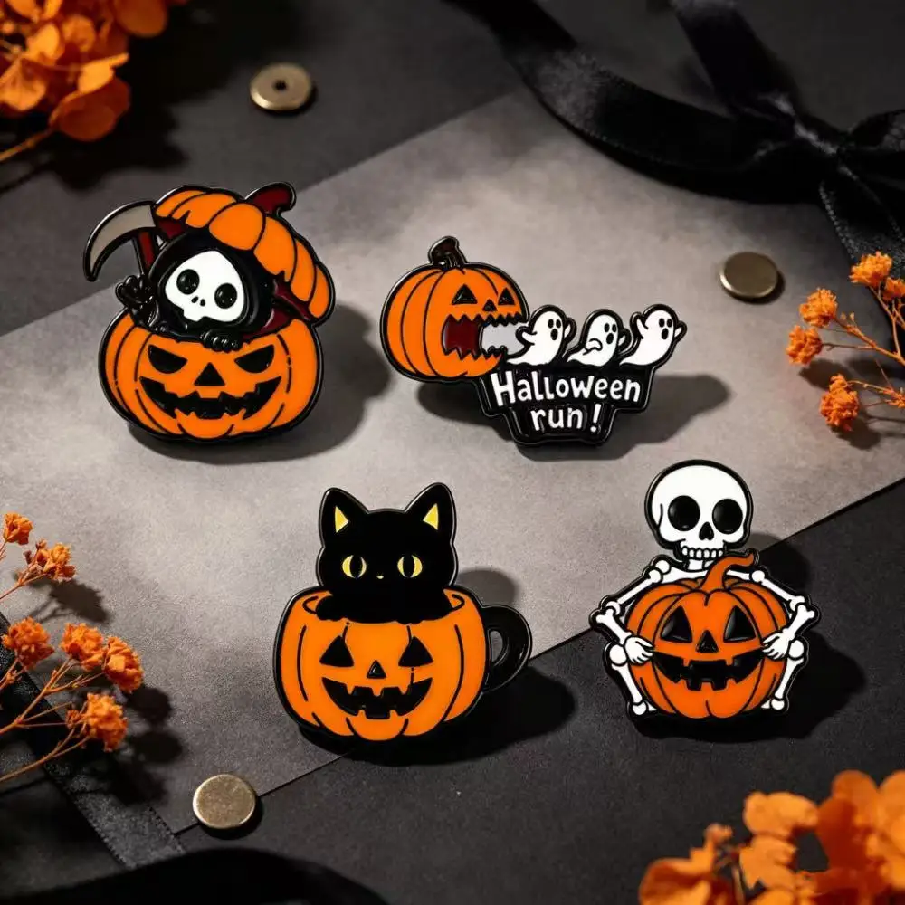 4pcs Halloween Pumpkin Enamel Lapel Pins Set, Spooky Skull Black Cat Brooches for Backpack Clothes Party Decor Gift