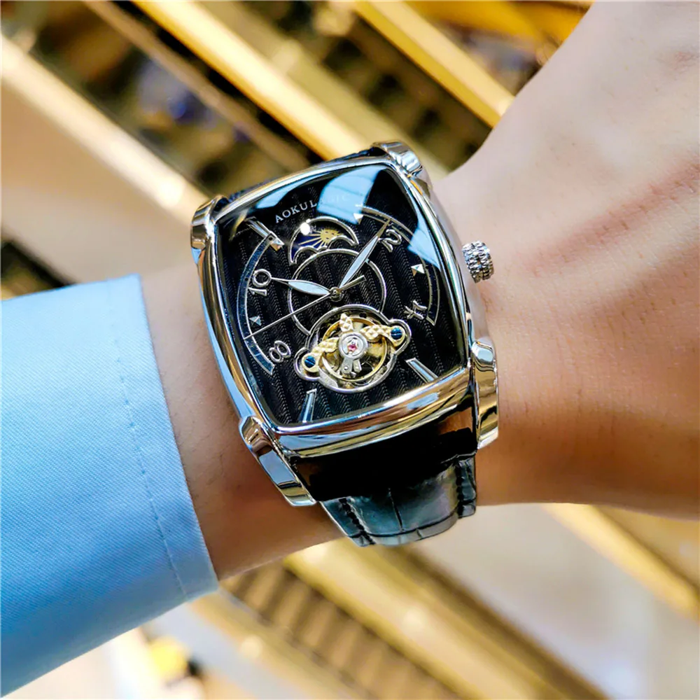 AOKULASIC Mode Tourbillon Mechanische Uhren für Männer Leuchtzeiger Lederband Business Skeleton Automatische Uhr Geschenke Neue
