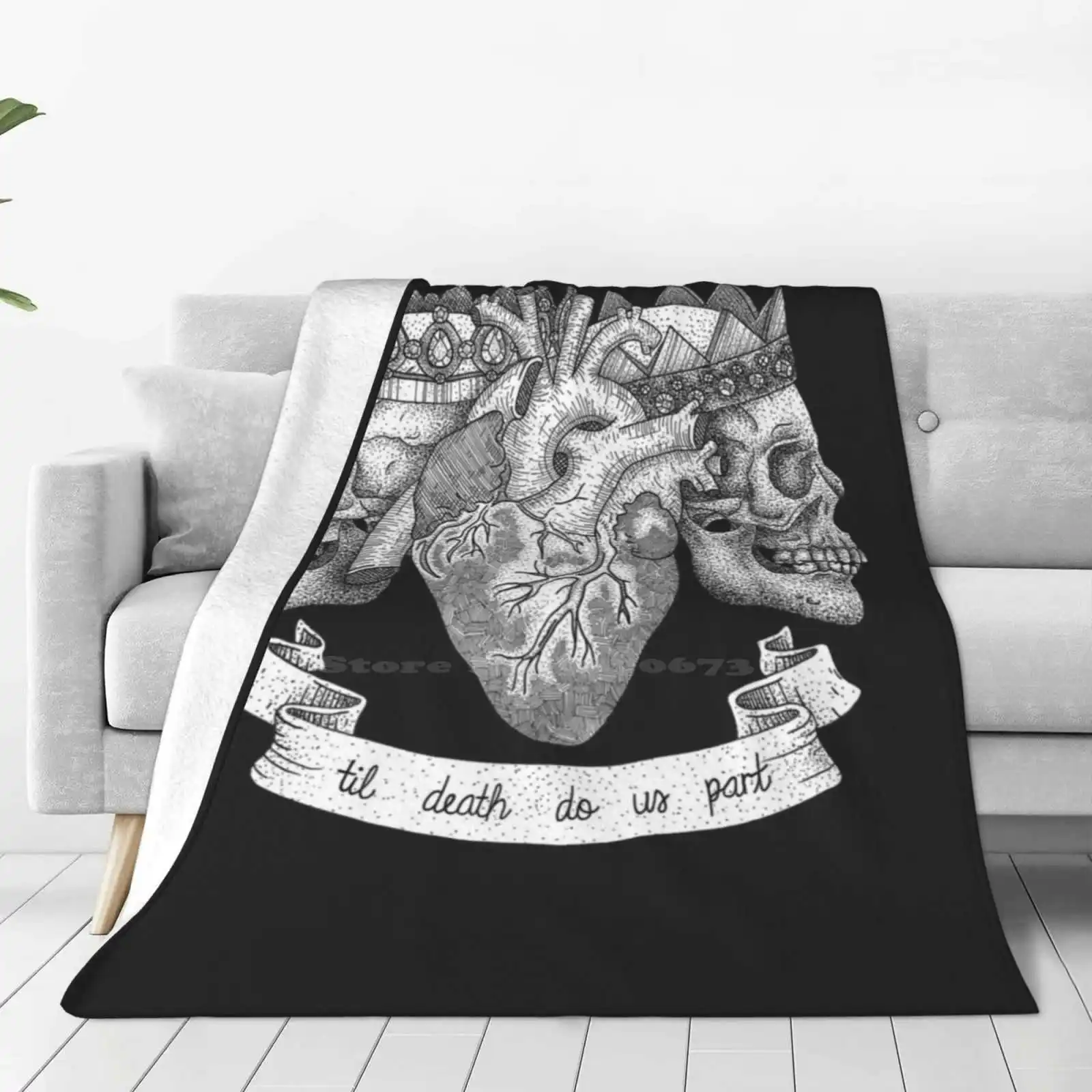 Til Death Do Us Part , Life And Death Illustration Soft Warm Throw Blanket Ink Black White Grey Tattoo Death Skull Heart Pen