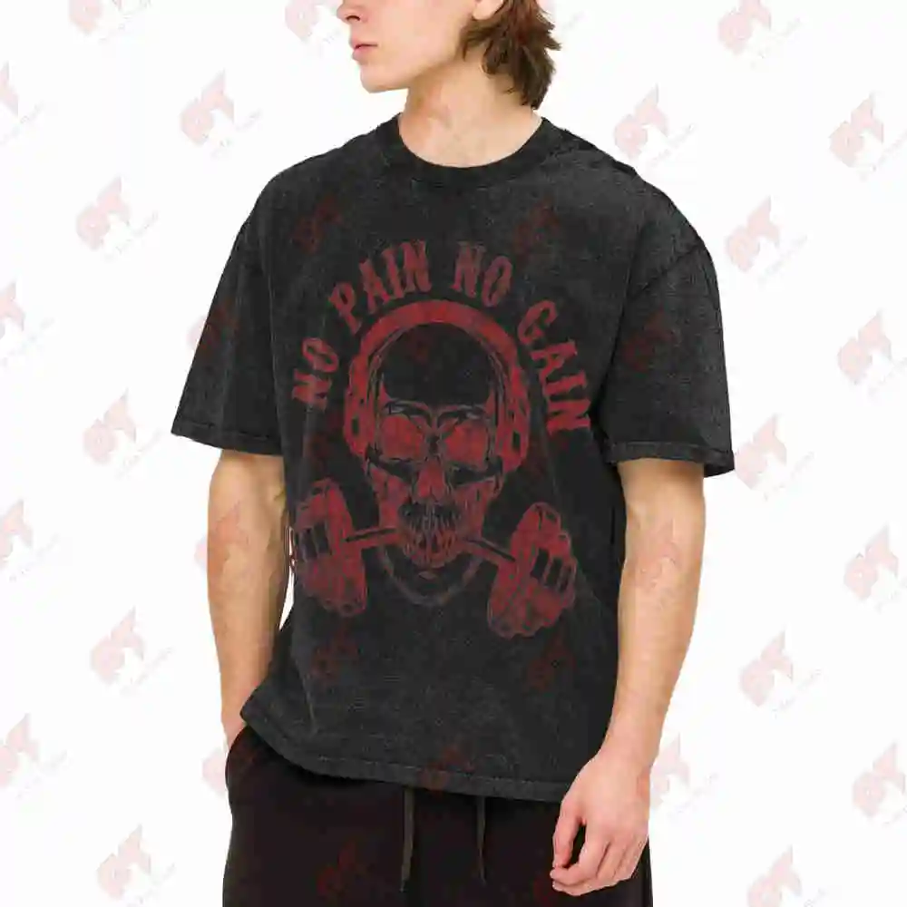 No Pain No Gain Skull Dumbbells Vintage Washed Tee Pure Cotton T-Shirt