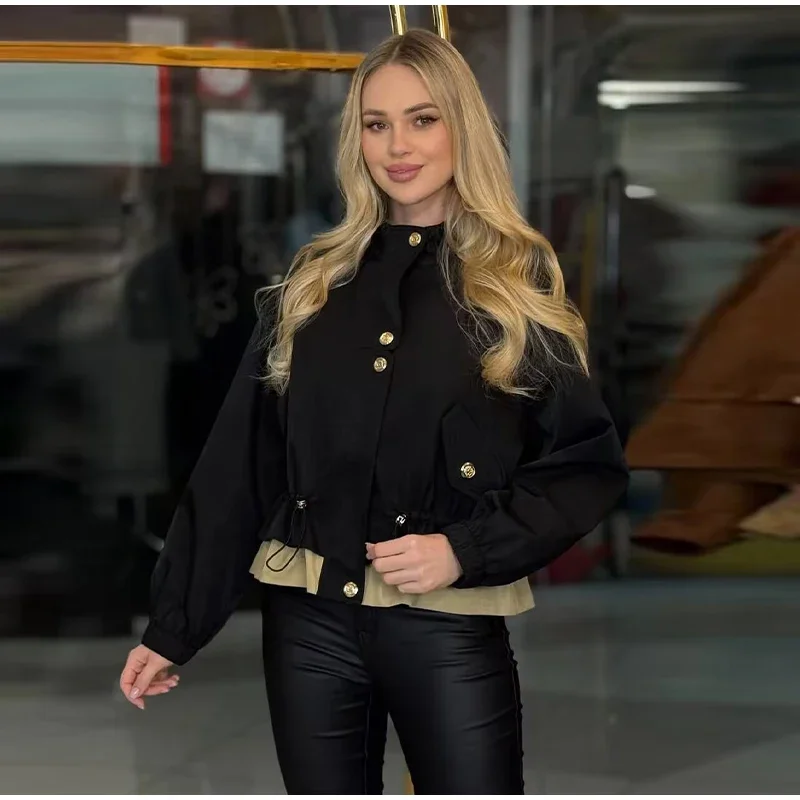 Damen-Oversize-Mäntel mit Kordelzug in der Taille, Stehkragen, Epauletten, Langen Ärmeln, Knopfleiste, Lose Jacken, Schicke Neue Oberbekleidung für Damen – Detail 16
