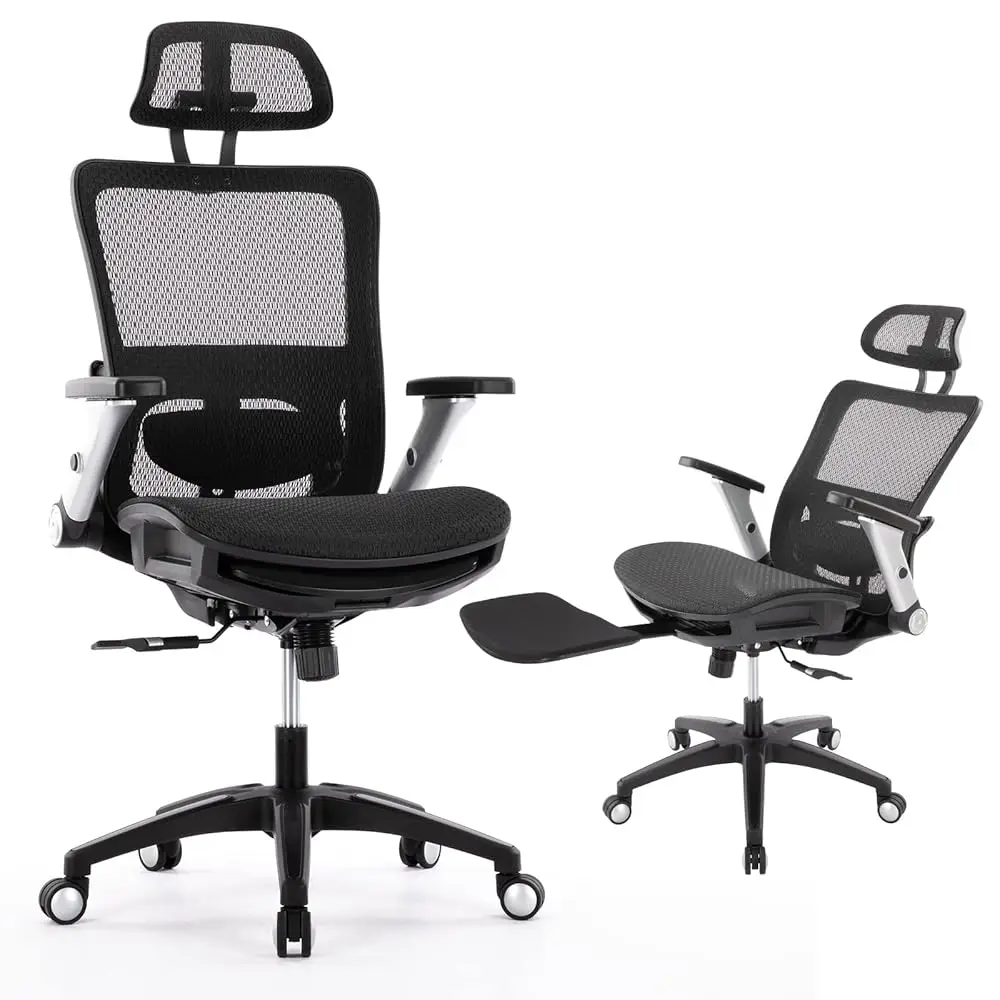 Ergonomic Mesh Office Chair With Footrest, High Ba Computer Executive Desk Chair With Headrest And 4D Flip-Up Armrests,