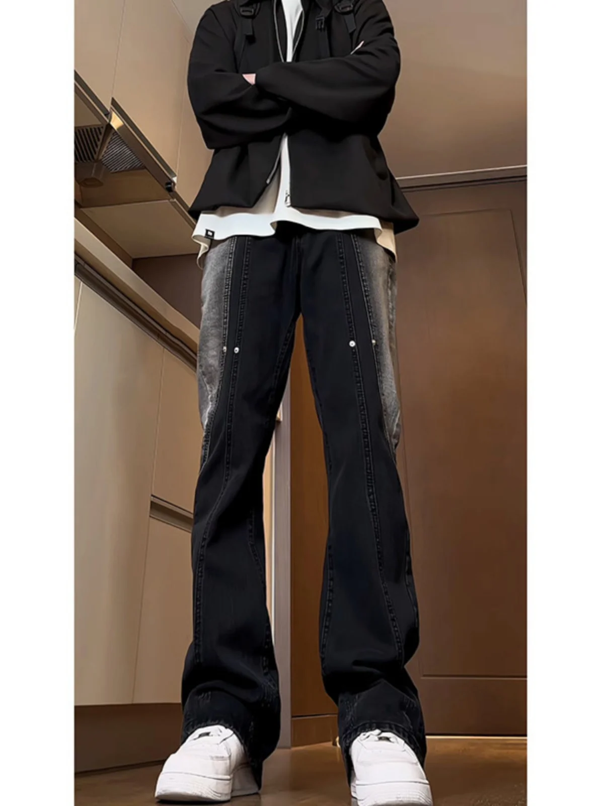 

Rivet Design Loose Straight Leg Jeans for Men Spring Autumn American High Street Sle Youth Trendy Wear Resistant Long Pants