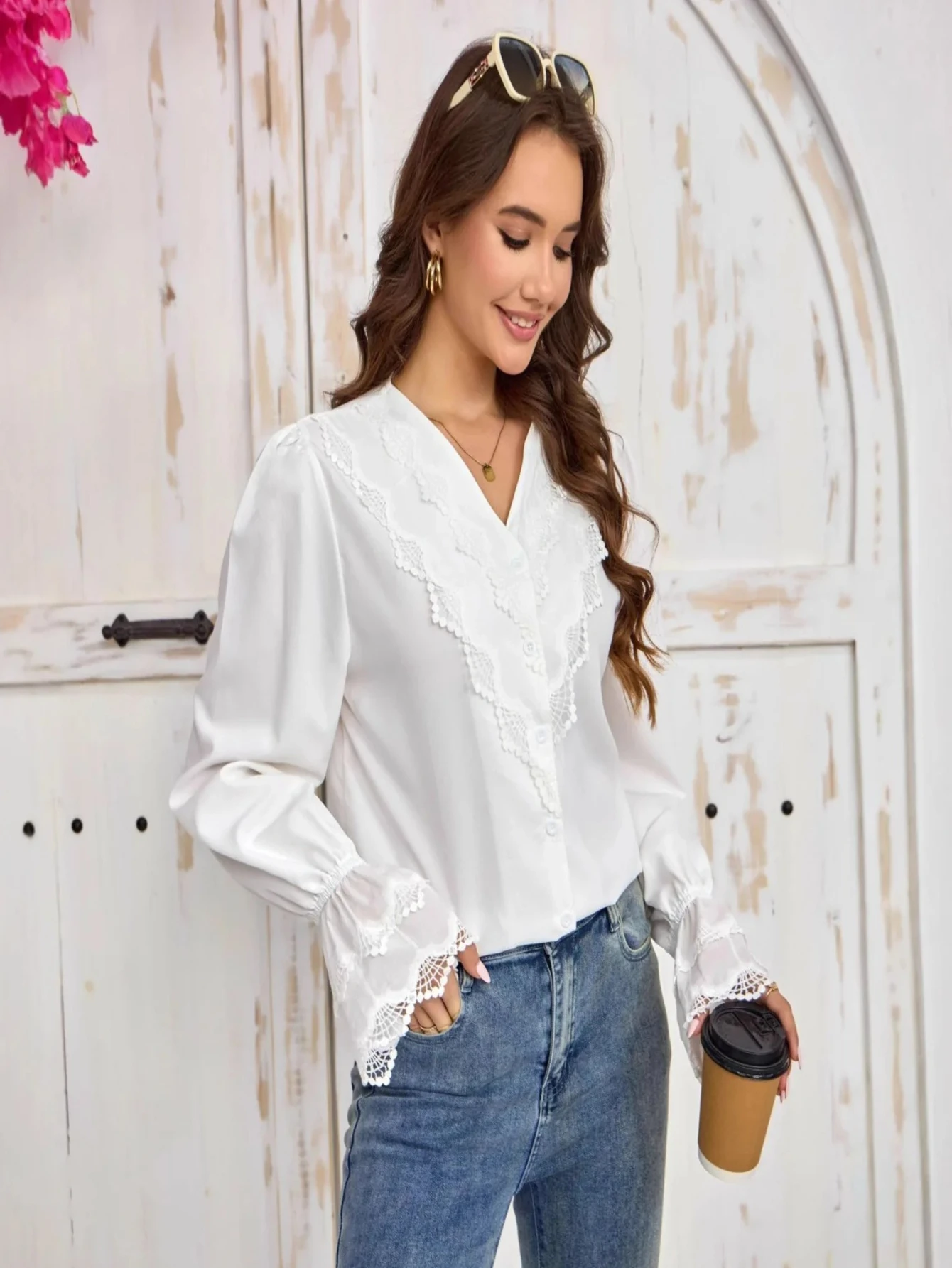 

Elegant French Lace Long Sleeve Slim Fit Shirt V Neck Bell Sleeve Design Polyester Fabric Pure Color Shirt for