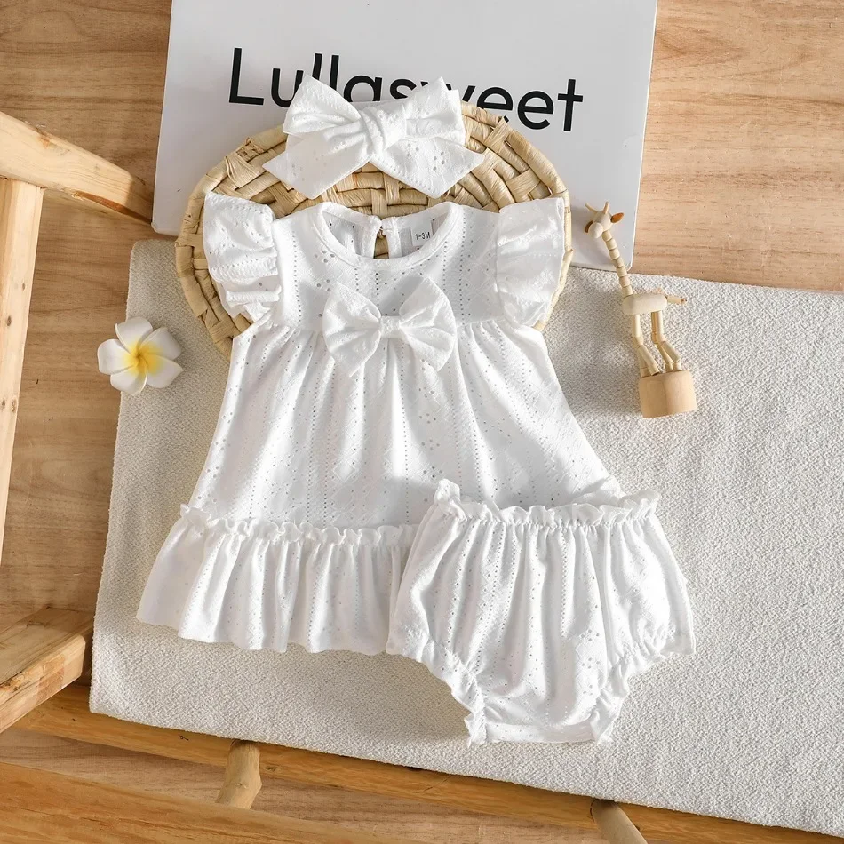 Baby Girl 3Pcs White Eyelet Romper Set Ruffle Fly Sleeve Bow Romper Bloomer Headband Baptism Princess Photoshoot Outfit ZYD47