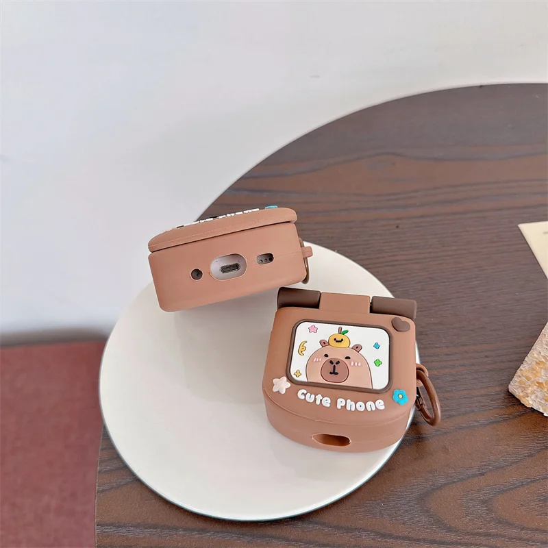 

for AirPods 1 2 3 4 Pro 2 Case Cute Capibala Flip up Phone Shape Make up Mirror Silicone Earphone Protective Sleeve Cover Funda