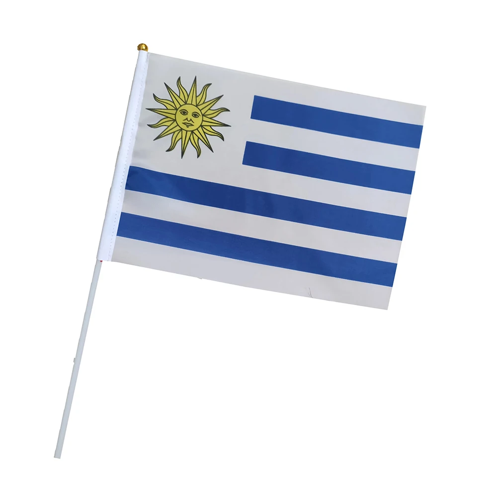 Drapeau à main Uruguay 14*21cm, mini drapeau avec mât, soleil de mai, pour la fête nationale, les événements sportifs, la décoration