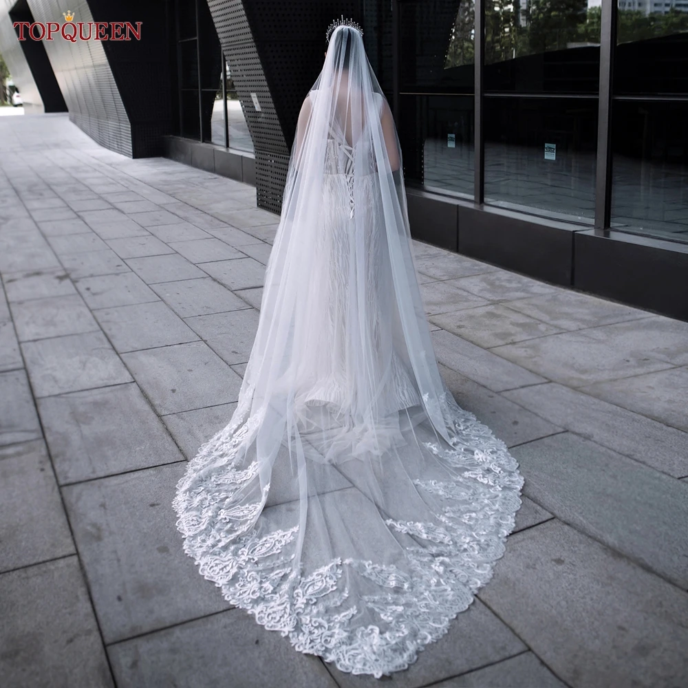 

TOPQUEEN V149 Lace Bridal Veils Fashion V Shape Cathedral Wedding Veil High-end Soft Tulle 1 Tier Chapel Accessories for Bride