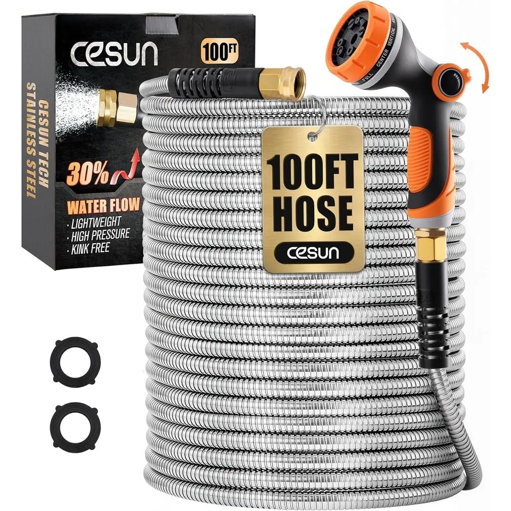 

100ft Stainless Steel Garden Hose with 10 Function Nozzle, Kink-Free, Lightweight, Durable, Rust-Proof for Yard, RV, Pet Bath, O