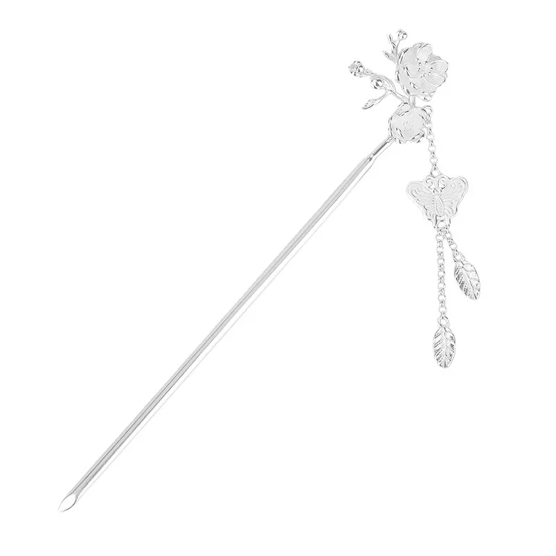 

Pure silver 990 flower butterfly fringed hairpin female celebrity style Guochao disc hair niche Hanfu sterling silver
