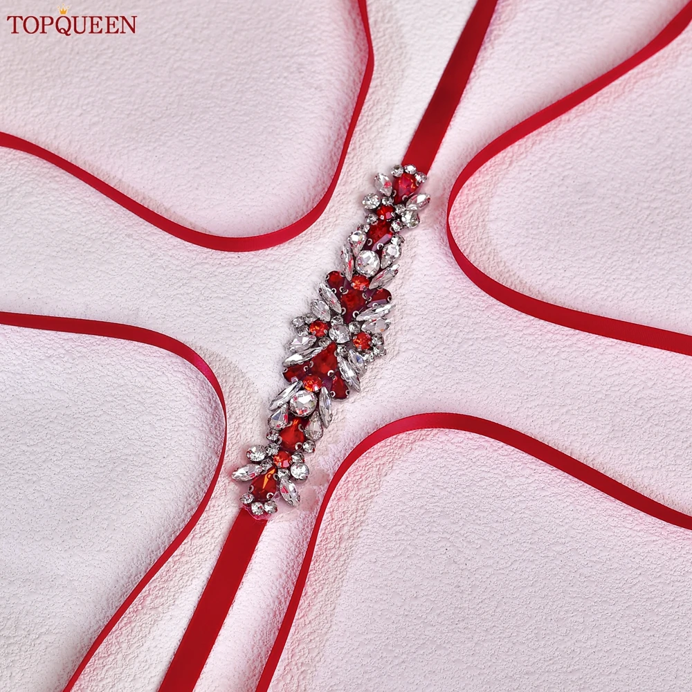 TOPQUEEN Burgundy Rhinestone Applique Belt Handmade Wedding Sash Bridesmaid Bridal Accessories Christmas Dress Decoration S160