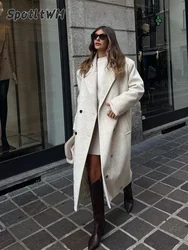 Solid  Double Breasted Lapel Wool Blend Overcoat Women Fashion Lapel Long Sleeved Pocket Long Coat 2024 Chic Lady Street Outwear