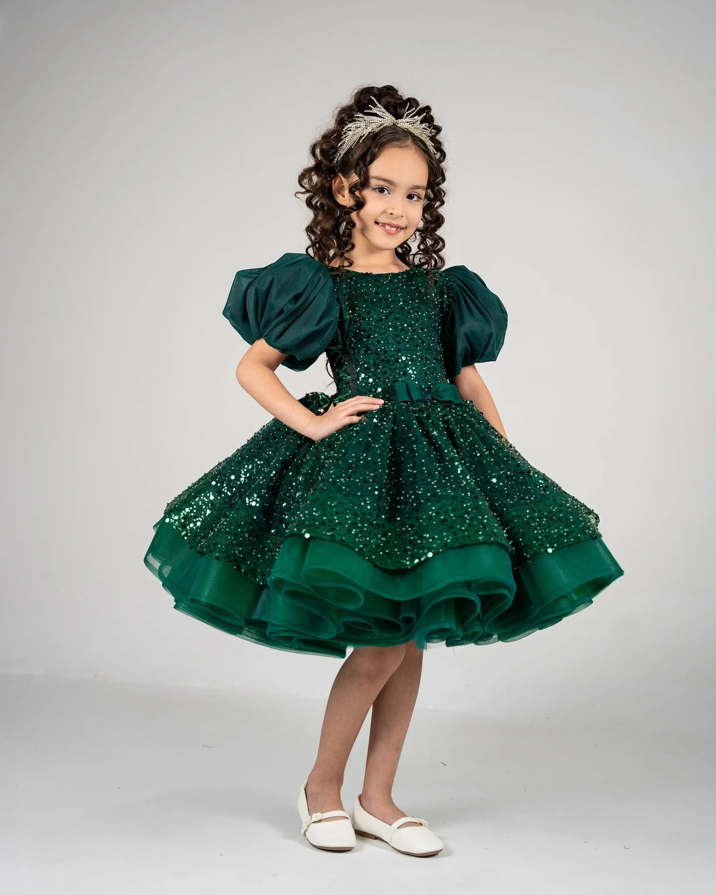 Quality Little Girls Flower Girl Dress Green Toddler Short Sleeves Sequin for Wedding Birthday Knee Length Gala Ball Dresses