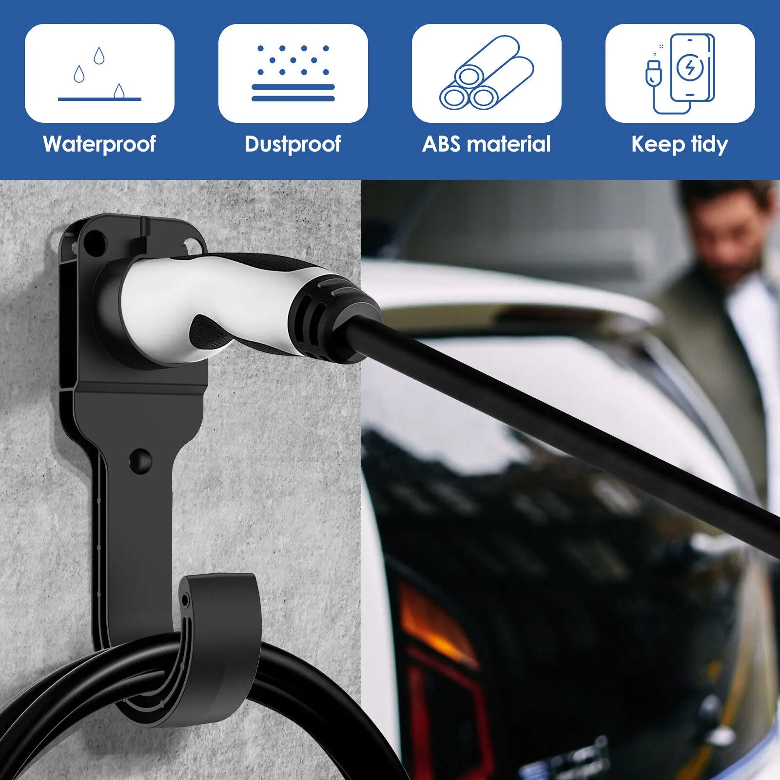 EV Charger Cable Holder Wall Mount Electric Car Charging Cable Organizer Wall Bracket Charger Holder for Type 2 Plug IEC62196