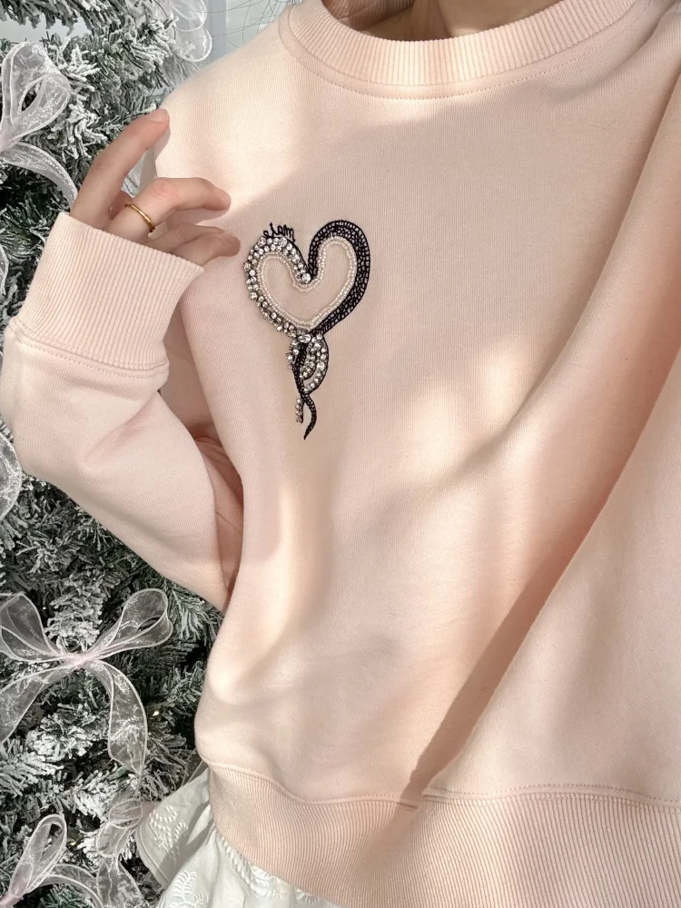 Pink Pullover Hoodie Classic Round Neck Velvet Tracksuit for WomenHeart-shaped Diamond Embellished Bead Fleece Top M Home