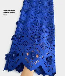 African Beaded Swiss Lace Holes Textured Fabric, Fashionable Garment for Ceremony, Royal blue Swiss Voile Lace, 5 Yards