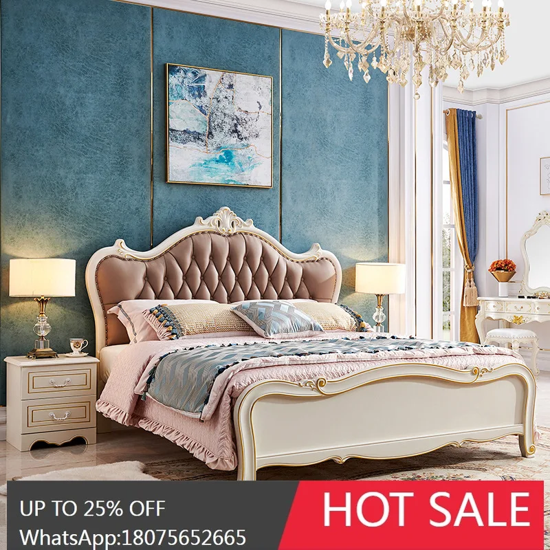 

MJY European Style Bed Light Luxury Full Solid Wood Leather double Bed Minimalist Furniture Set