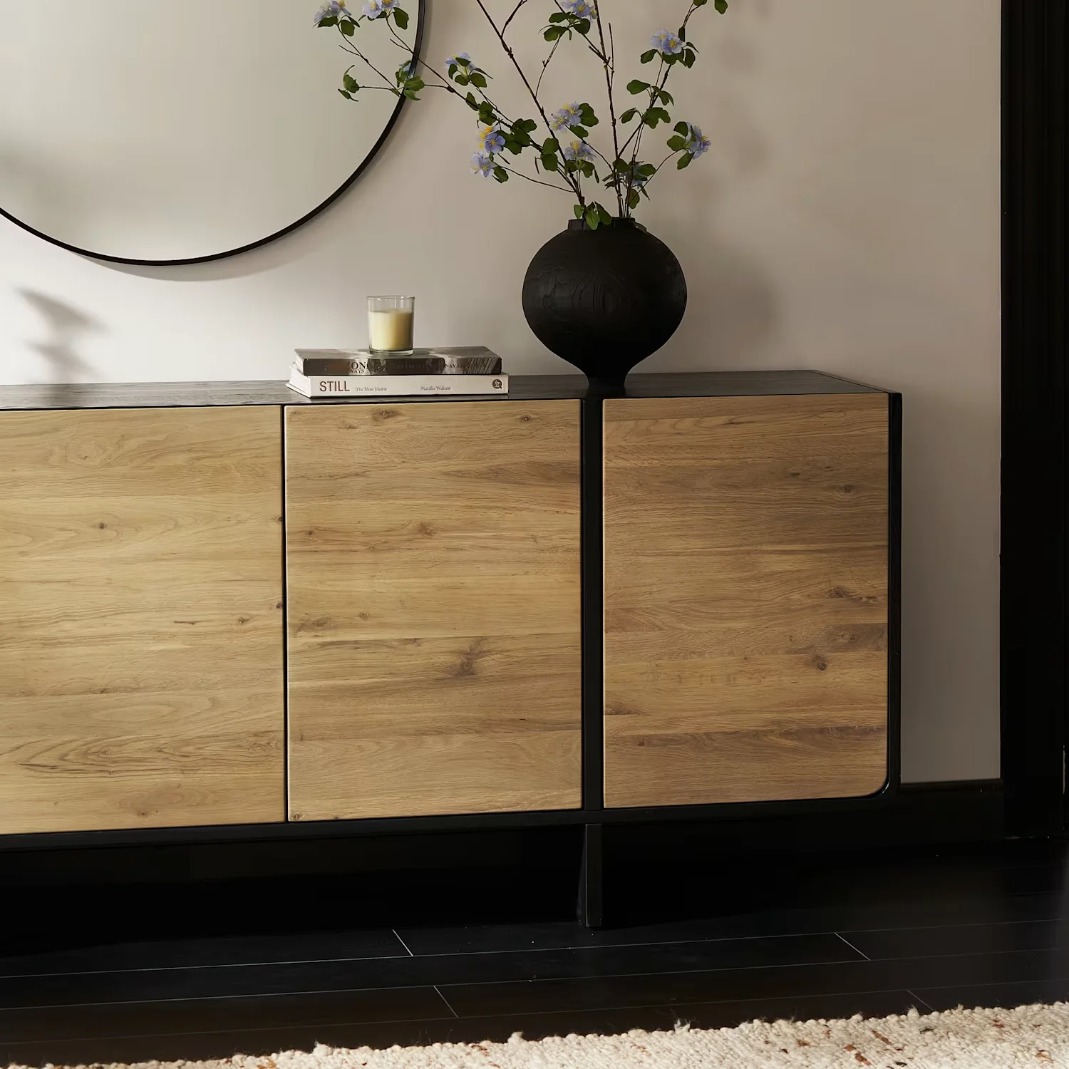 #Two-Tone Oak Sideboard, Black Frame Natural Wood Four-Door Buffet Cabinet for Dining Room