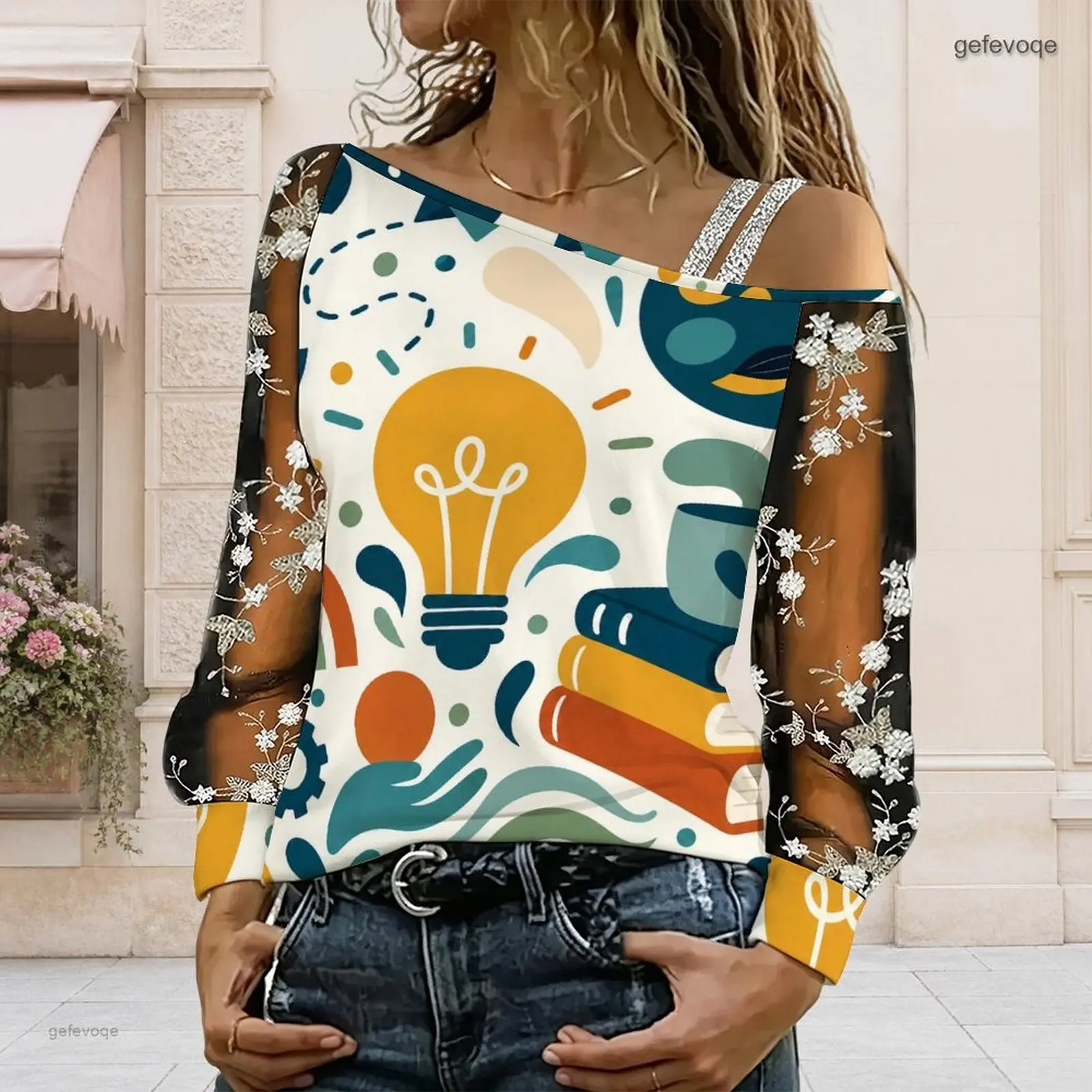 Women Abstract Light Bulb Stacked Book Print Asymmetric Cold Shoulder Long Sheer Floral Embroidery Sleeve Top