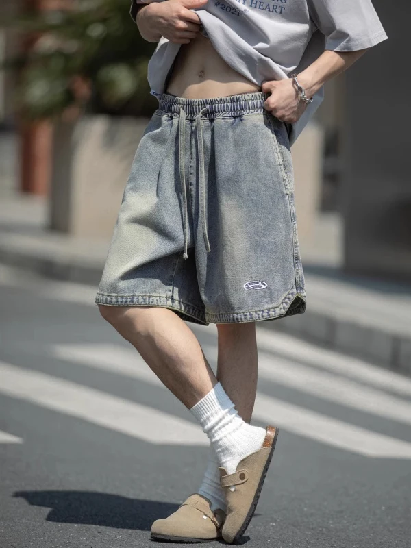 

Джинсовые брюки с американской талией в стиле ретро, свободные повседневные мужские брюки пять четвертей, летняя дышащая модная молодежная одежда с вышивкой