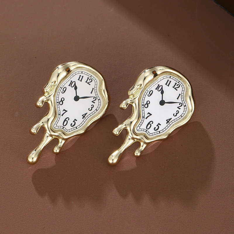 Vintage Copper Gold Color Melted Clock Pattern Irregular Earrings Unique Design for Women Daily Wear Jewelry Gifts