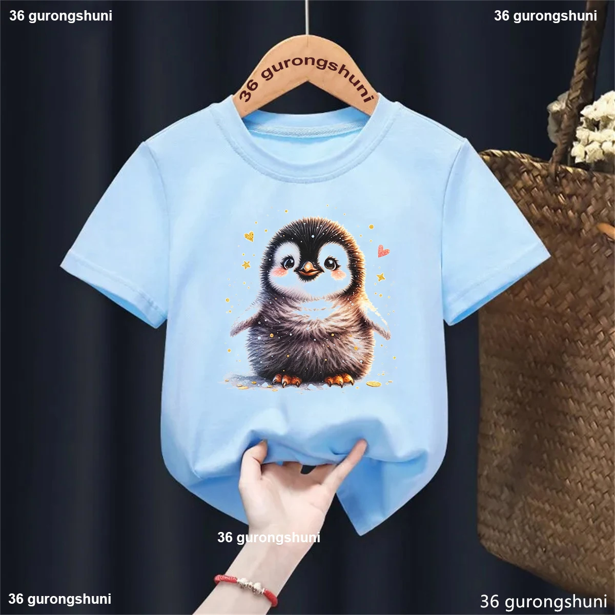 Kawaii Kids Clothes Watercolor Glitter Penguin Animal Printed Tshirt Girls/Boys Summer Short Sleeve T-Shirt Harajuku Shirt