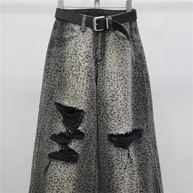 ANJY Primavera Autunno Nuove Donne Alla Moda Della Stampa Del Leopardo Strappato Gamba Larga Pantaloni di Jeans Chic High Street Allentato Versatile Marea Jeans A18233