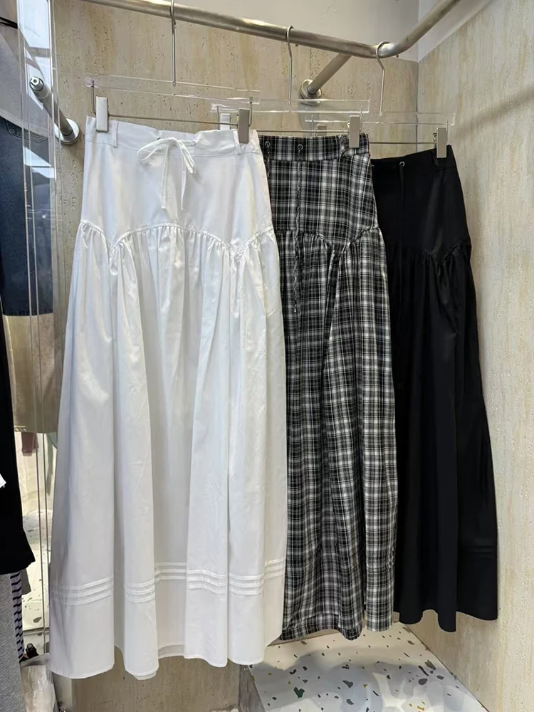 

Dstring High Waist A-Line Umbrella Skirt f-length Spring Design Pleated Elastic Waist Slimming Wide Hem Long Skirt