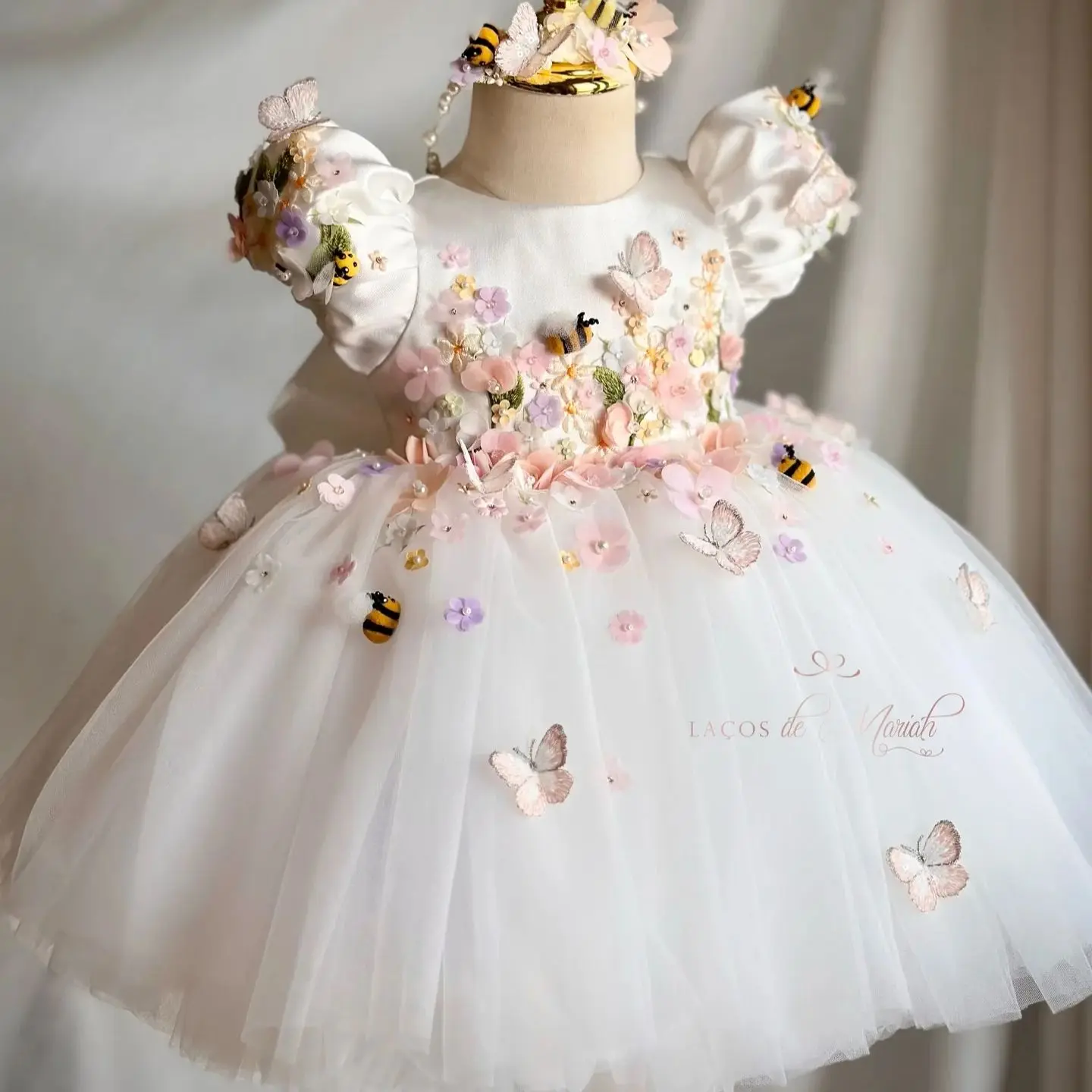 White Flower Girl Dresses For Wedding Customized Bee Floral Butterfly Girls Pageant Party Birthday Gift First Communion Dress