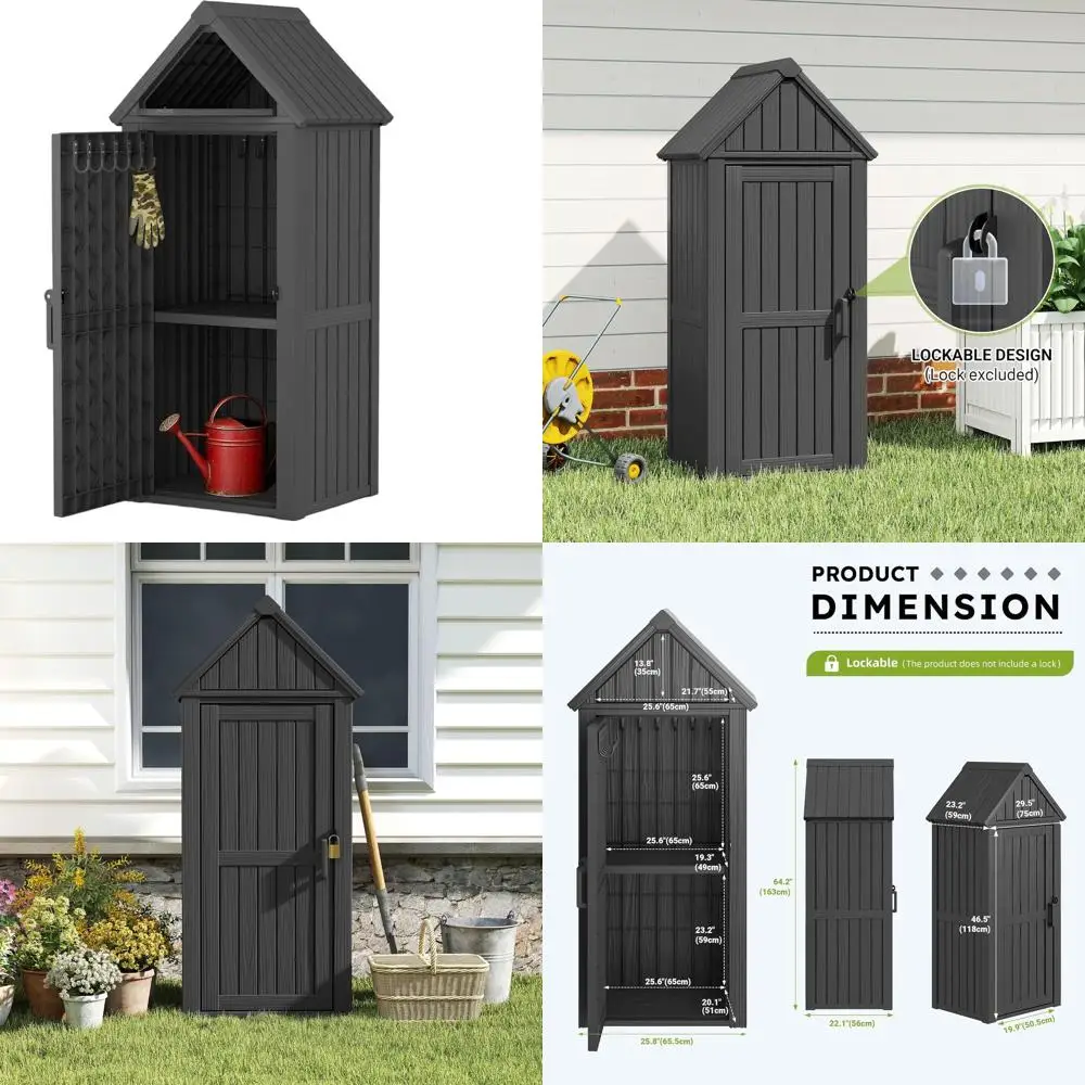 

Всепогодный уличный сарай из полимерной смолы со съемными полками, крючками и функцией запирания для сада, двора и патио