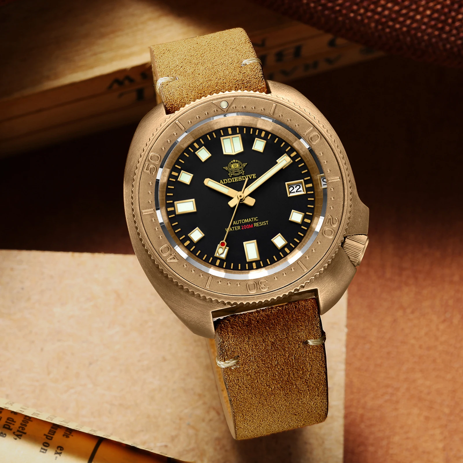 ADDIESDIVE, nuevo Reloj de bronce, relojes para hombre, correa de cuero de zafiro mecánico automático, relojes de pulsera para hombre, Reloj luminoso para buzo de 200m