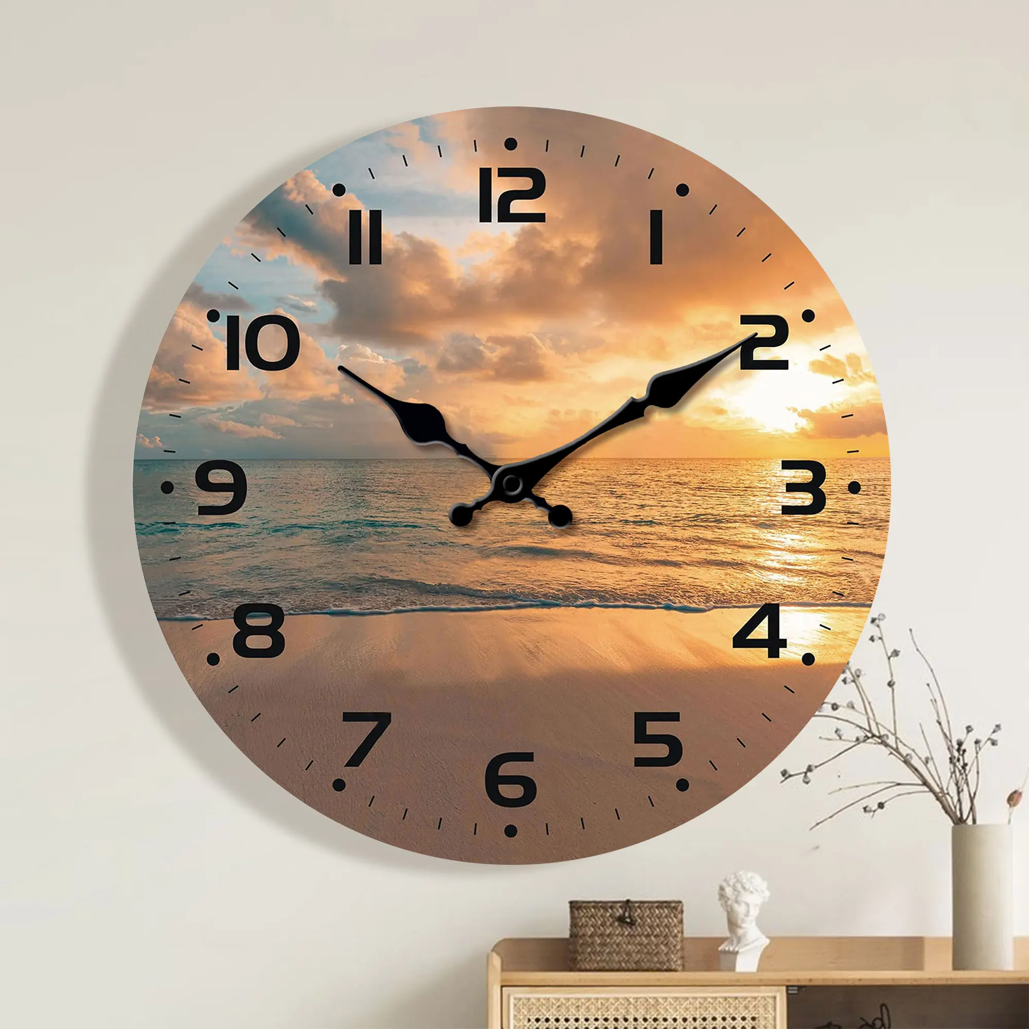 غروب الشمس على الشاطئ مع ساعة حائط صامتة، ساعة حائط خشبية مستديرة، مناسبة لغرفة المعيشة وغرفة النوم وديكور الغرفة،
