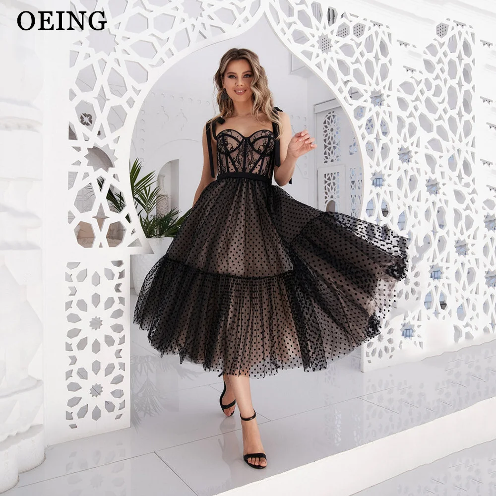 

OEING Vintage Sweetheart Style Black Prom Dresses Spaghetti Strap Tea Length Sleeveless Formal Evening Gowns Vestido De Noche