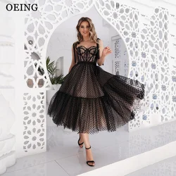 OEING Vintage Sweetheart Style Black Prom Dresses Spaghetti Strap Tea Length Sleeveless Formal Evening Gowns Vestido De Noche